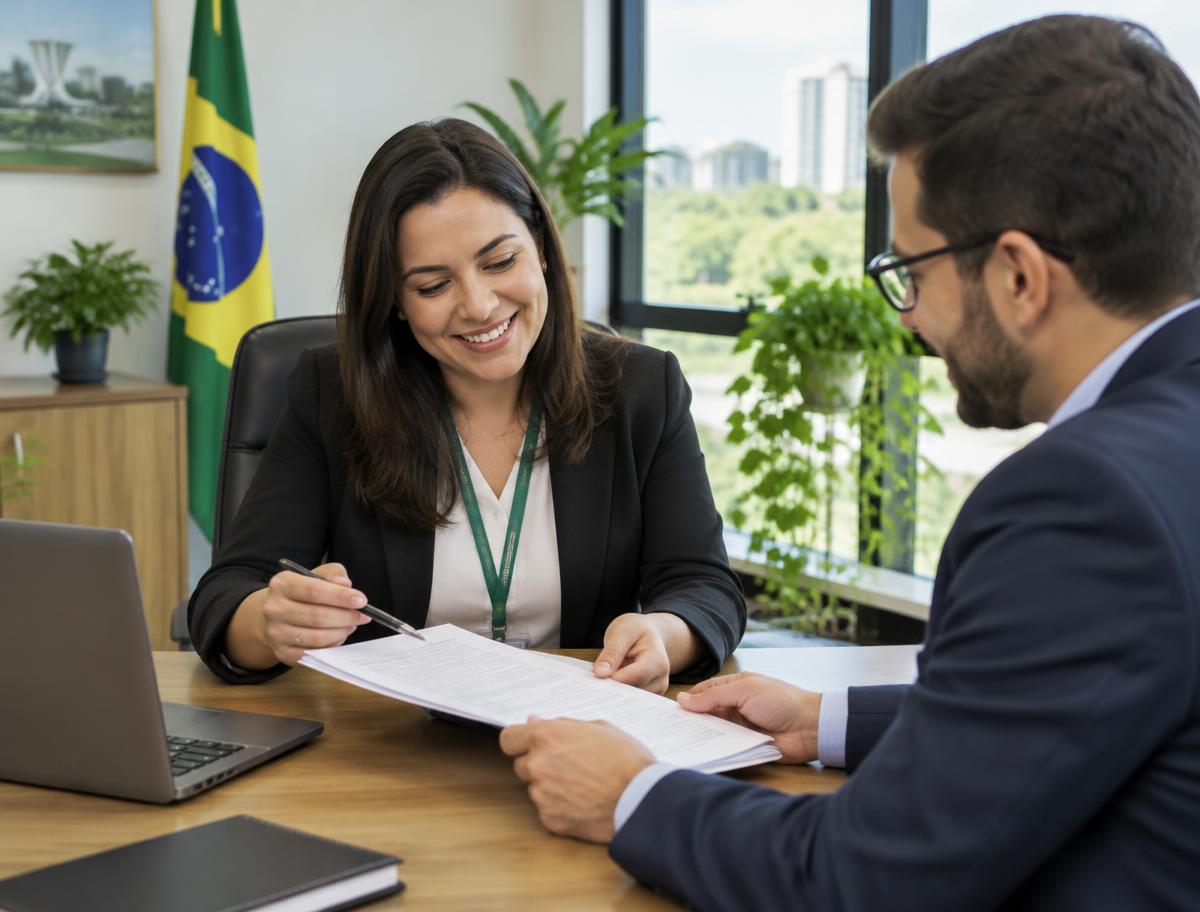 Servidora pública sendo atendida por consultor em escritório